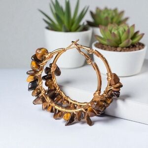 Fab 18k Gold Plated Tigers Eye Stones Hoop Earrings